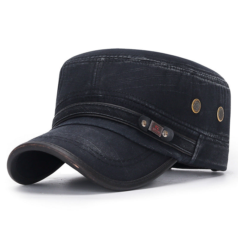 Distressed Flat-top Leather-trimmed Vintage Cotton Hat - Carvan Mart