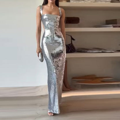 Sequin Silver Glowing Dress Square Collar Backless Dress