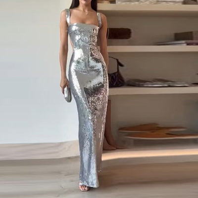 Sequin Silver Glowing Dress Square Collar Backless Dress - Carvan Mart