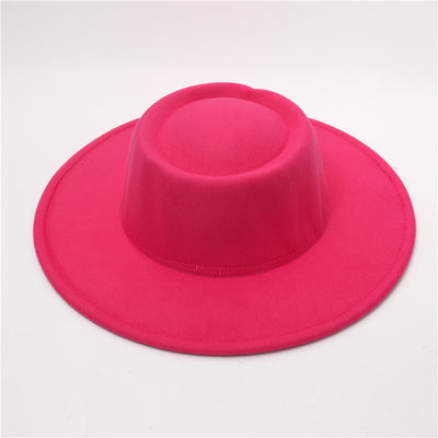 Retro Fedora 8cm Wide Brim Solid Color Concave-convex Dome Woolen Hat - Rose Red Average Size - Men's Hats & Caps - Carvan Mart