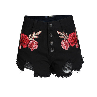 High Waisted Denim Shorts with Floral Embroidery for Women - - Women's Jeans - Carvan Mart