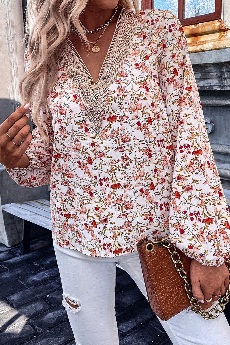 Loose Lace V-neck Chiffon Shirt For Women New Floral Printed Long-sleeve Top - - Winter Tops - Carvan Mart