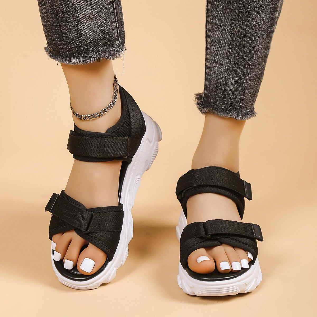 Women's Platform Round Toe Peep Toe Velcro Casual Sandals - Carvan Mart