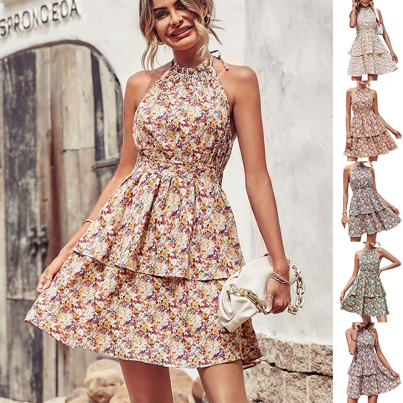 Bohemian Sundresses For Women Halter Dress Backless Ruffled A-Line Beach Dress - Carvan Mart