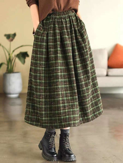 Elastic High Waist Woolen Cloth Plaid A- Line Dress - Carvan Mart