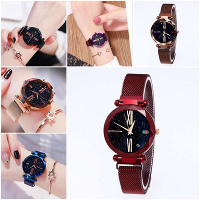 Luxury Women Watches Mesh Ladies Clock Magnet Buckle Starry Diamond Geometric Surface Quartz Wristwatch - - Women's Watches - Carvan Mart