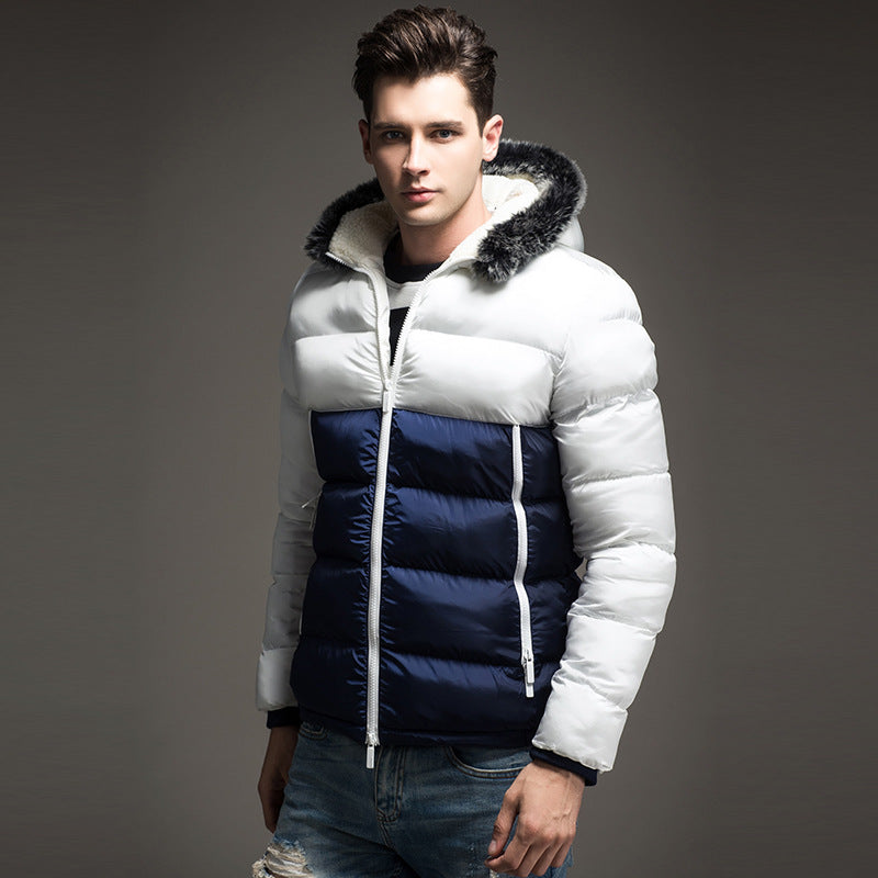 Winter Fashion Padded Coat Stitching Hood - White blue - Men's Jackets & Coats - Carvan Mart