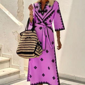 Bohemian Linen Dress Printed Summer Long Dress with Belt - Carvan Mart