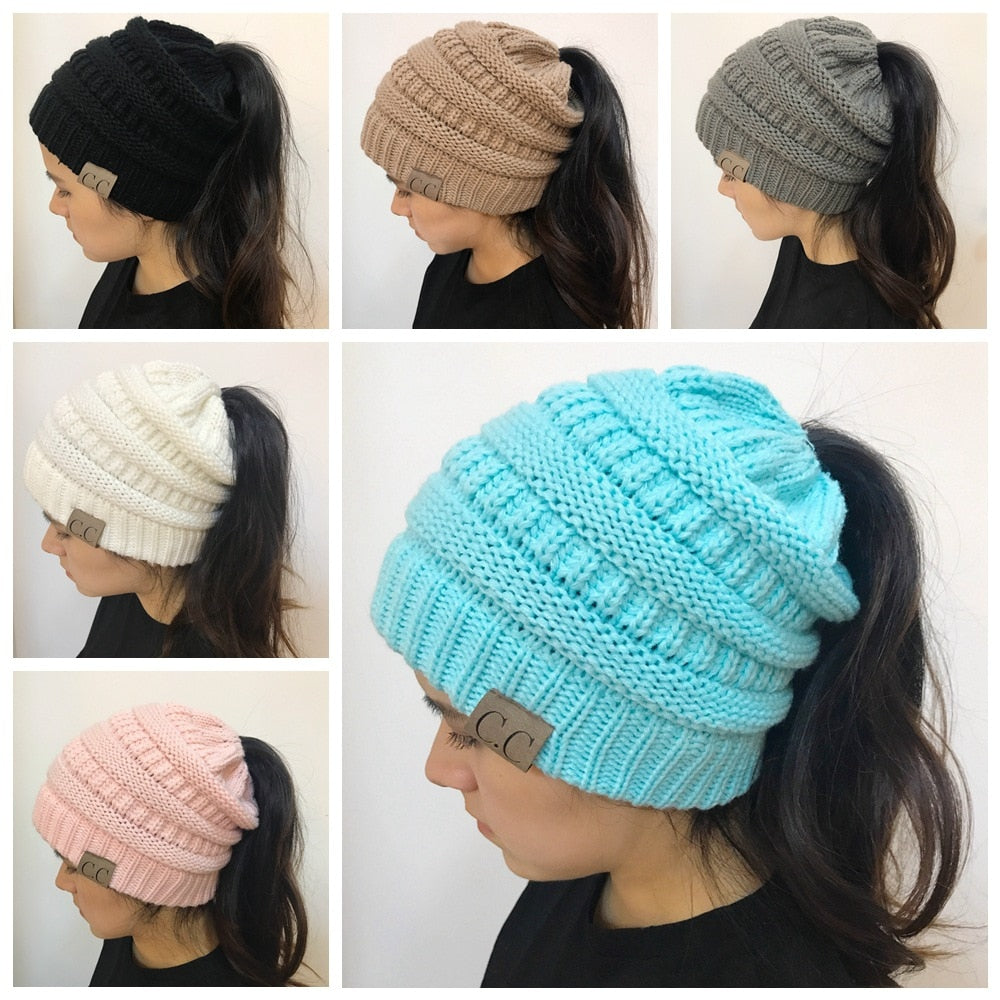 High Bun Ponytail Beanie Hat Chunky Soft Stretch Cable Knit Warm Fuzzy Lined Skull Beanie Acrylic Hats Men And Women - Carvan Mart