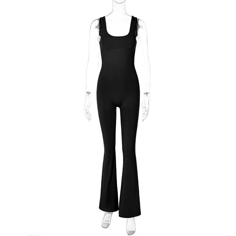 Women's Fashion Solid Color Slim Sleeveless Shoulder Strap Jumpsuit - Black - Jumpsuits & Rompers - Carvan Mart