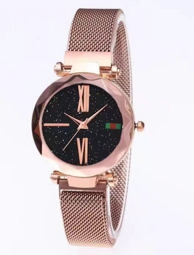 Luxury Women Watches Mesh Ladies Clock Magnet Buckle Starry Diamond Geometric Surface Quartz Wristwatch - Carvan Mart