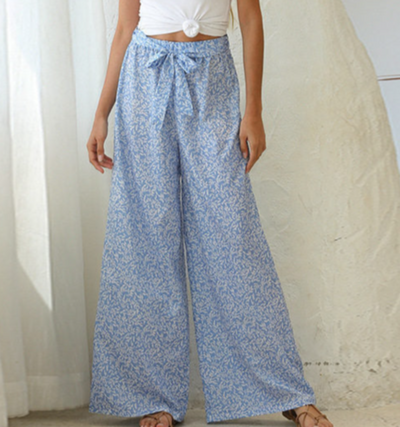 Women’s Palazzo Pants Floral Genome Print Elastic High Waist - Blue - Pants & Capris - Carvan Mart