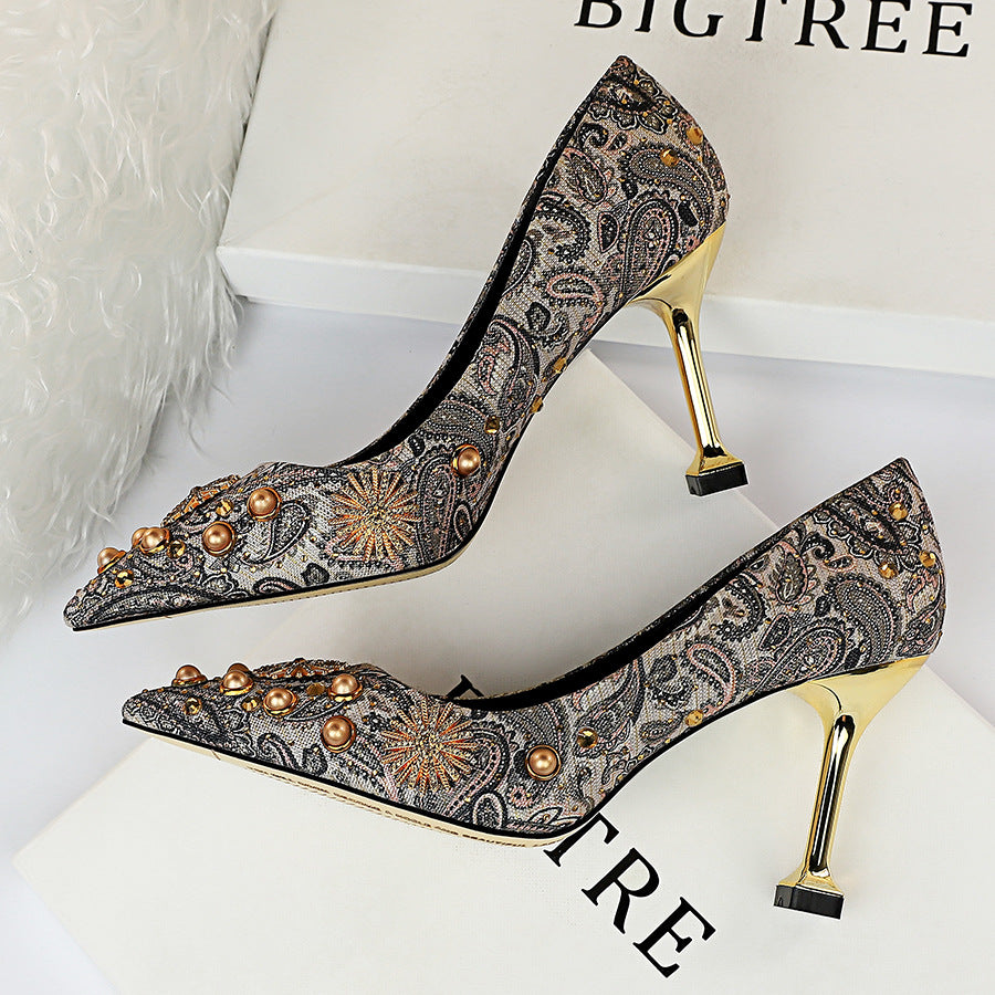 Elegant Paisley Print Gold Stiletto Heels with Embellished Details - Grey - High Heels - Carvan Mart