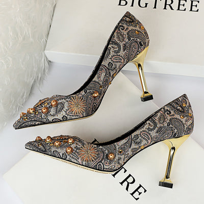 Elegant Paisley Print Gold Stiletto Heels with Embellished Details - Carvan Mart