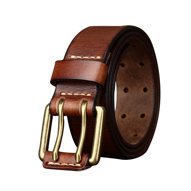 Men's First Layer Cowhide Vintage Brass Buckle Belt - - Men's Belts - Carvan Mart