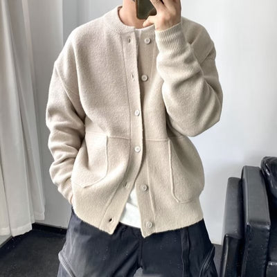 Wool Cardigan Men's Spring And Autumn Hong Kong Style Sweater Round Neck Jacket Simple Loose Thick Sweater Coat - Apricot - Men's Sweaters - Carvan Mart