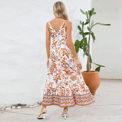 Women Floral Print V-neck Dress Summer Slim Fit Sleeveless Long Dress - Carvan Mart