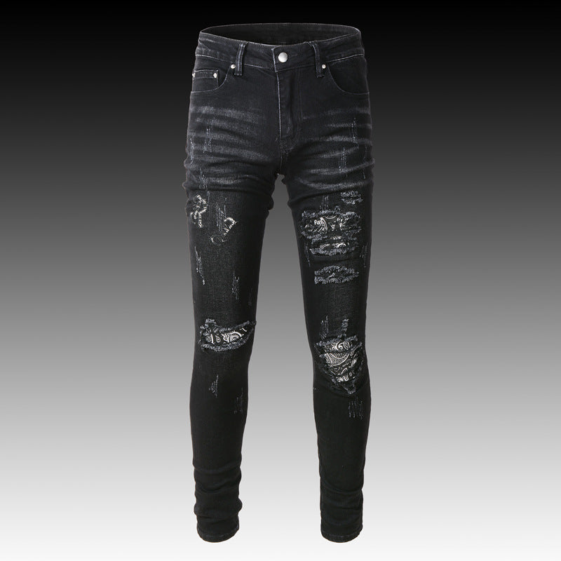 Men's Black Paisley Printed Patch Ripped Jeans - - Men's Jeans - Carvan Mart