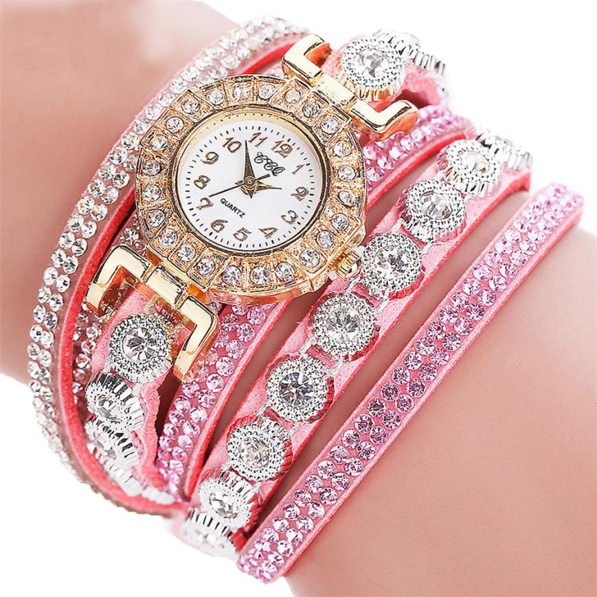 Relogio masculino Women Quartz Women PU Leather Rhinestone Watch Bracelet Watches - Pink - Women's Watches - Carvan Mart