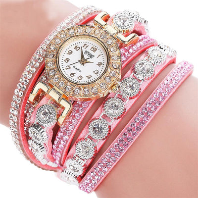 Relogio masculino Women Quartz Women PU Leather Rhinestone Watch Bracelet Watches - Pink - Women's Watches - Carvan Mart