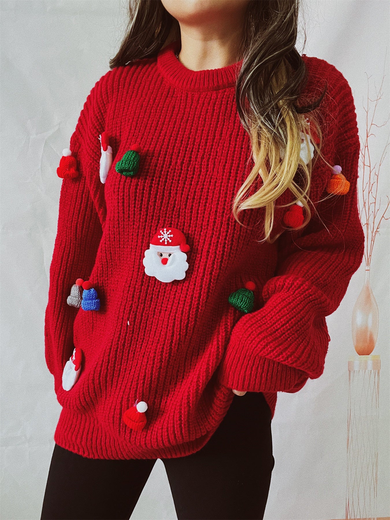 Women's Cute Fashion Santa Claus Three-dimensional Round Neck Long Sleeve Sweater - - Sweaters - Carvan Mart