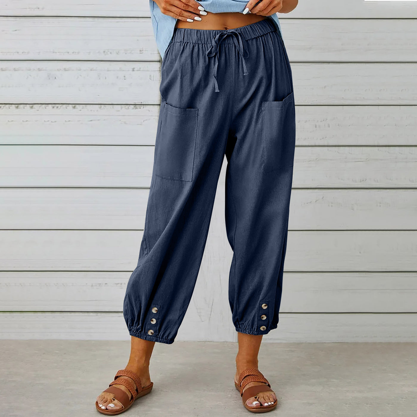 Women's Drawstring Tie Pants Cotton And Linen Trousers - Navy Blue - Pants & Capris - Carvan Mart