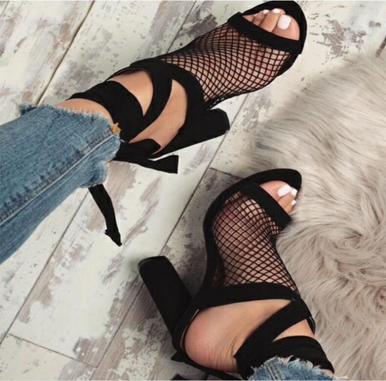 Women Sandals Bandage Flock Cross Strap Lace Up Black High Heels Shoes - Carvan Mart