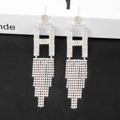 Fashion Jewelry 925 Silver Needle Ornaments Rhinestone Letter B Earrings Banquet Tassel Ear Ornaments Earrings - Silver H - Earrings - Carvan Mart