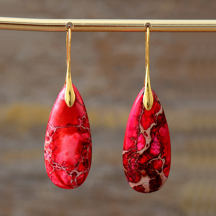 Bohemian Emperor Stone Water Drop Earrings Natural Stone Ornament Jewelry Earrings - Red Gold Ear Hook - Earrings - Carvan Mart