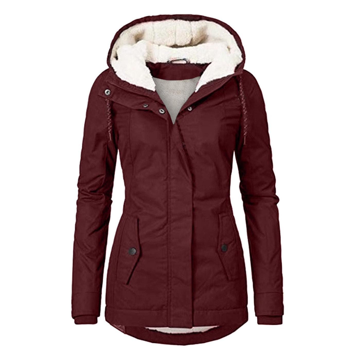 Mid-Length Hooded Cotton-Padded Jacket Women's Loose Coat - Wine Red - Women's Coats & Jackets - Carvan Mart