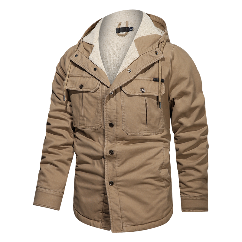 Men Cotton Jacket Winter Thick Warm Parkas Plus Velvet Casual Hooded Coat - Khaki - Men's Jackets & Coats - Carvan Mart