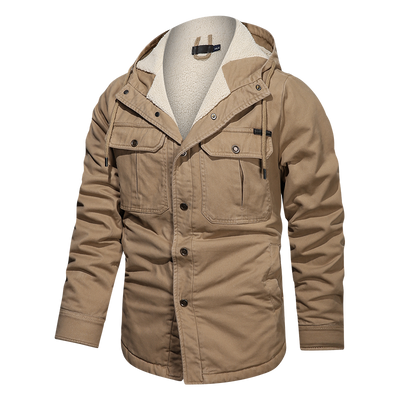 Men Cotton Jacket Winter Thick Warm Parkas Plus Velvet Casual Hooded Coat - Khaki - Men's Jackets & Coats - Carvan Mart