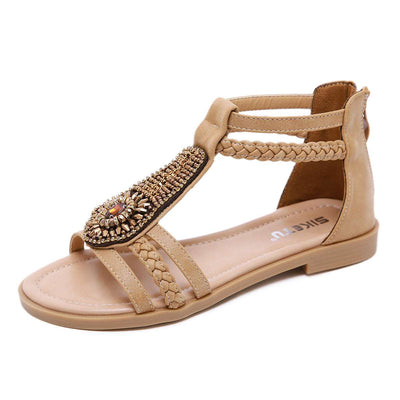 Bohemia Vintage Beaded Zipper Rhinestone Roman Flat Shoes - Apricot - Women's Sandals - Carvan Mart