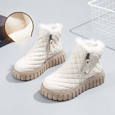 Women's Plaid Pattern Platform Ankle Boots Side Zipper Plush Lined Snow Boots - Carvan Mart