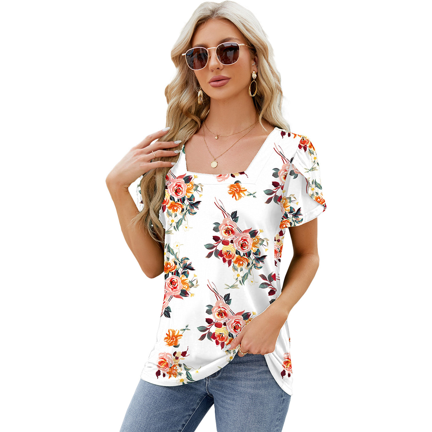 Bohemian Summer Top Square Neck With Petal Sleeve Design Women's T-shirt - White Flower - Blouses & Shirts - Carvan Mart