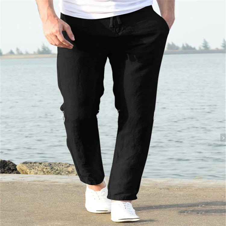 Men's Linen Summer Casual Pants - Comfortable Drawstring Trousers - Black - Men's Pants - Carvan Mart