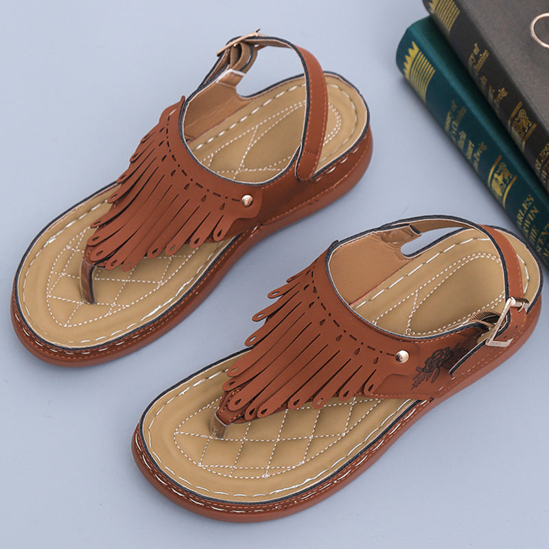 Women's Roman Cutout Thong Wedge Beach Sandals - Brown - Women's Sandals - Carvan Mart