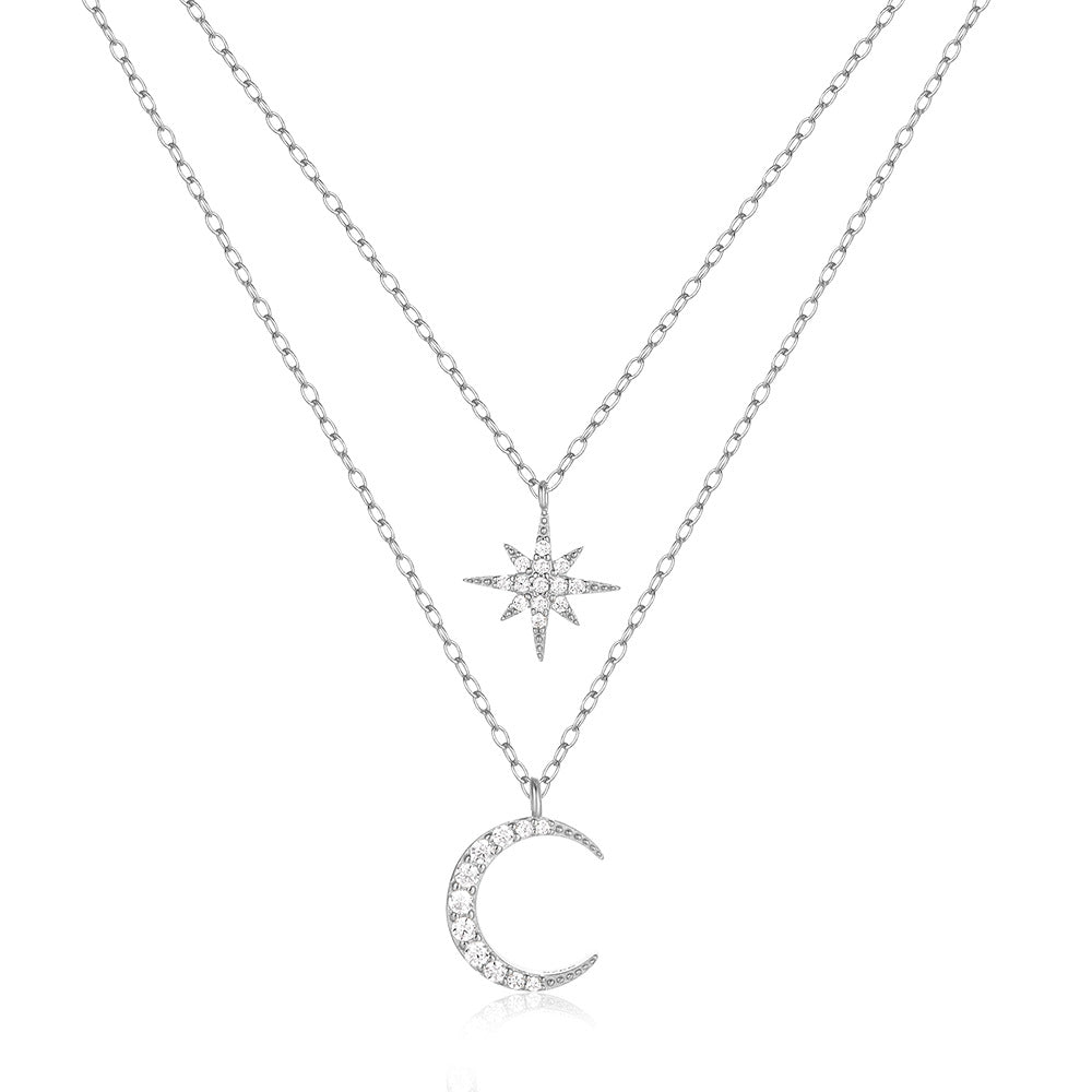 Women's S925 Sterling Silver Double Layer Twin Diamond Star And Moon Necklace - - Necklaces - Carvan Mart