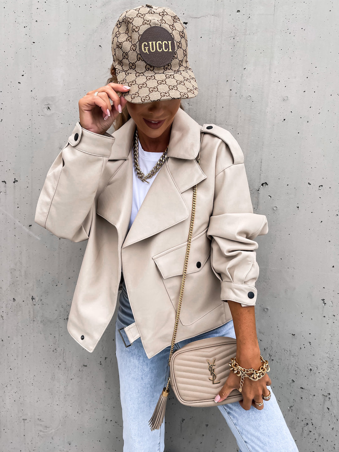 Women's Leather Top Coat Loose Lapel Jacket - Beige - Leather & Suede - Carvan Mart