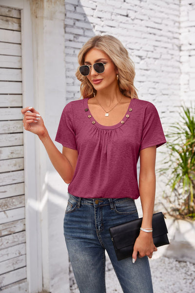 Women's Short-sleeve T-shirt Summer Button Square Collar Pleated Loose T-shirt - Purple Red - Blouses & Shirts - Carvan Mart