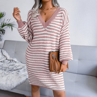 Ins Striped Sweater Dress V-neck Long Sleeve Dress Women - - Winter Tops - Carvan Mart