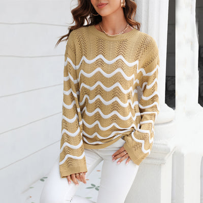 Women's Knitwear Long Sleeve Stitching Sweater - Carvan Mart