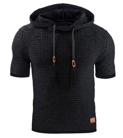 Mens Hooded Sweatshirt Short Sleeve Solid Knitted Hoodie Pullover Sweater - Black - Men's Sweaters - Carvan Mart