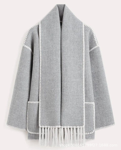 Women's Woolen Coat With Scarf Tassel Lady Office Streetwear Jacket - Light Gray - Women's Coats & Jackets - Carvan Mart