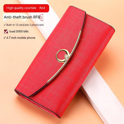 Women's Real Leather Long Large Capacity Wallet Clutch Bag - Red Cross Grain Cowhide - Women's Wallet - Carvan Mart