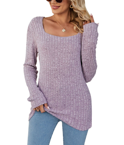 Square Collar Sunken Stripe Brushed Women's Casual Long Sleeve - Pink - Winter Tops - Carvan Mart