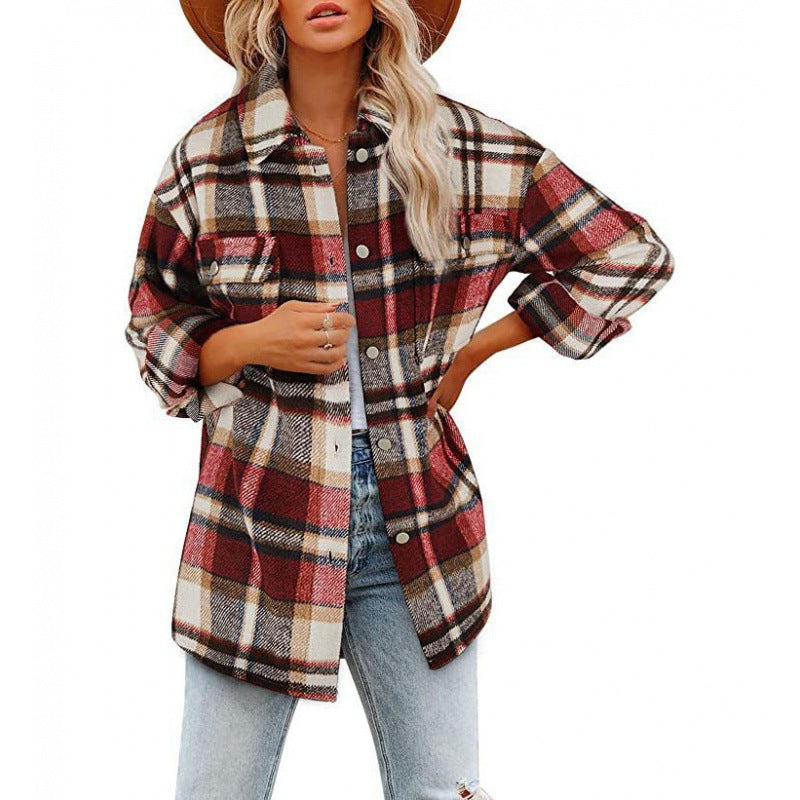 Women's Fashionable Woolen Plaid Shirt Jacket - Carvan Mart