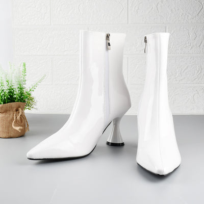 Women's Boots Pointed Toe Ankle Side Zipper Shoes - White - heels - Carvan Mart