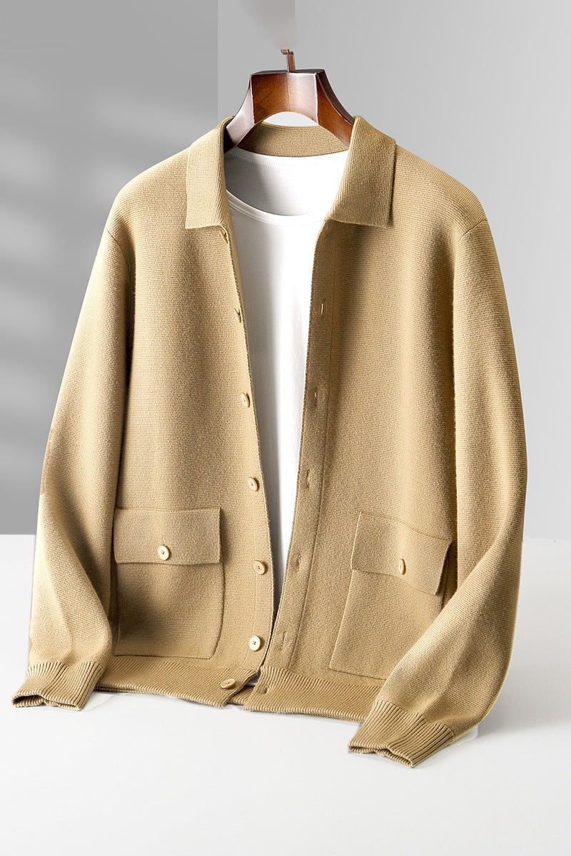 Men's Polo Collar Solid Color Wool Cardigan Autumn Winter Retro Pocket Thick Coat - Yellow Camel - Men's Sweaters - Carvan Mart