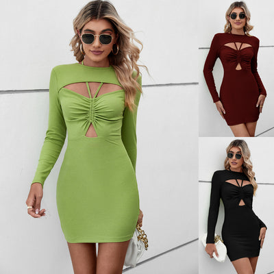 Women's Halter Hollow Bag Long Sleeve Short Dress - - Dresses - Carvan Mart